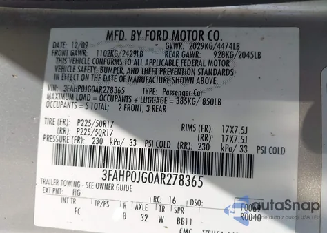 2010 Ford Fusion Sel from USA, damaged, VIN 3FAHP0JG0AR278365